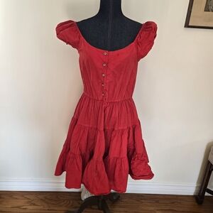 Scarlet Buttoned Mini Dress with Puff Sleeves